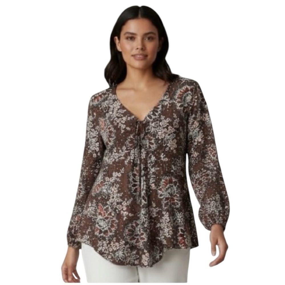 CATO Plus Size Brown/Orange Floral Casual V-neck Long Sleeve Blouse 28